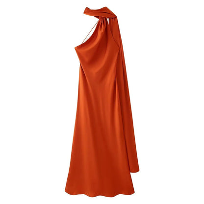 Elegant Silk Satin Maxi Dress – Backless Halter Summer Gown