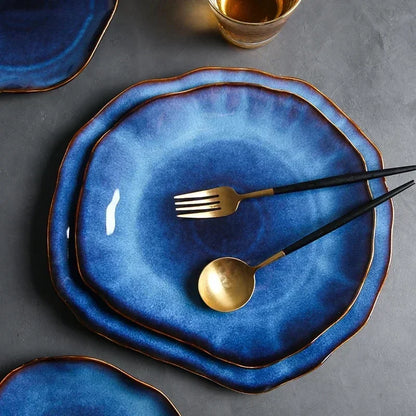 IndigoWave Artisan Pottery Plate – Rustic Ceramic Tableware