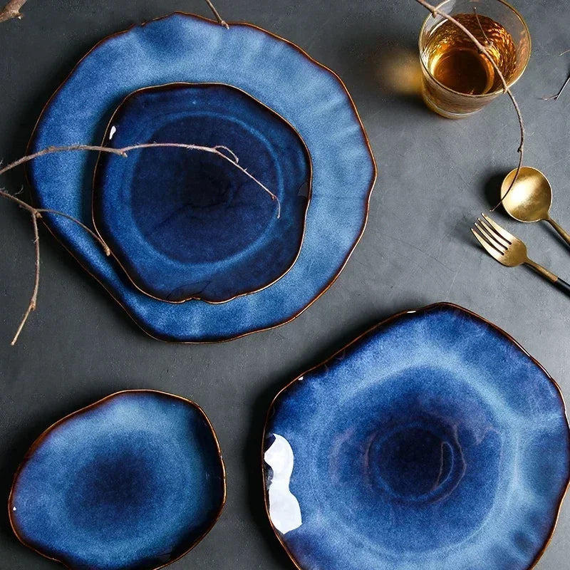 IndigoWave Artisan Pottery Plate – Rustic Ceramic Tableware
