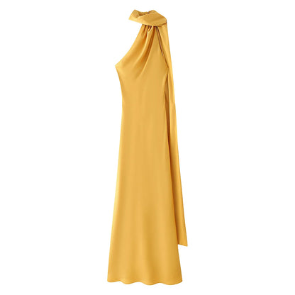 Elegant Silk Satin Maxi Dress – Backless Halter Summer Gown