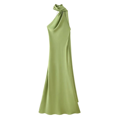 Elegant Silk Satin Maxi Dress – Backless Halter Summer Gown