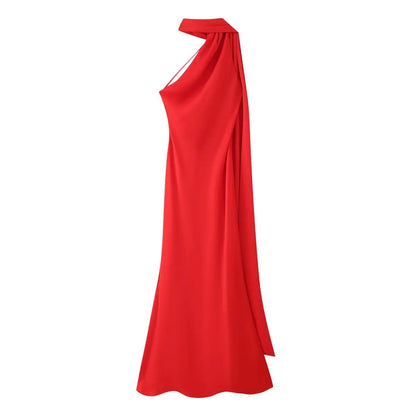 Elegant Silk Satin Maxi Dress – Backless Halter Summer Gown