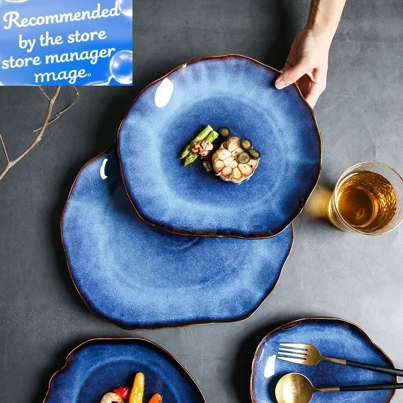 IndigoWave Artisan Pottery Plate – Rustic Ceramic Tableware
