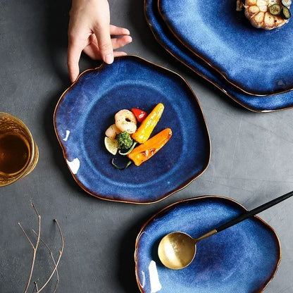 IndigoWave Artisan Pottery Plate – Rustic Ceramic Tableware