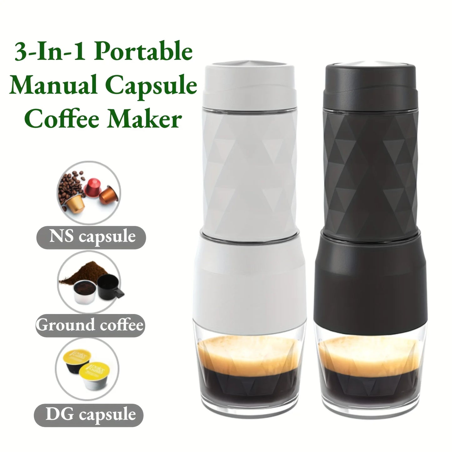 Cafetera expreso manual portátil 3 en 1: para café molido y en cápsulas