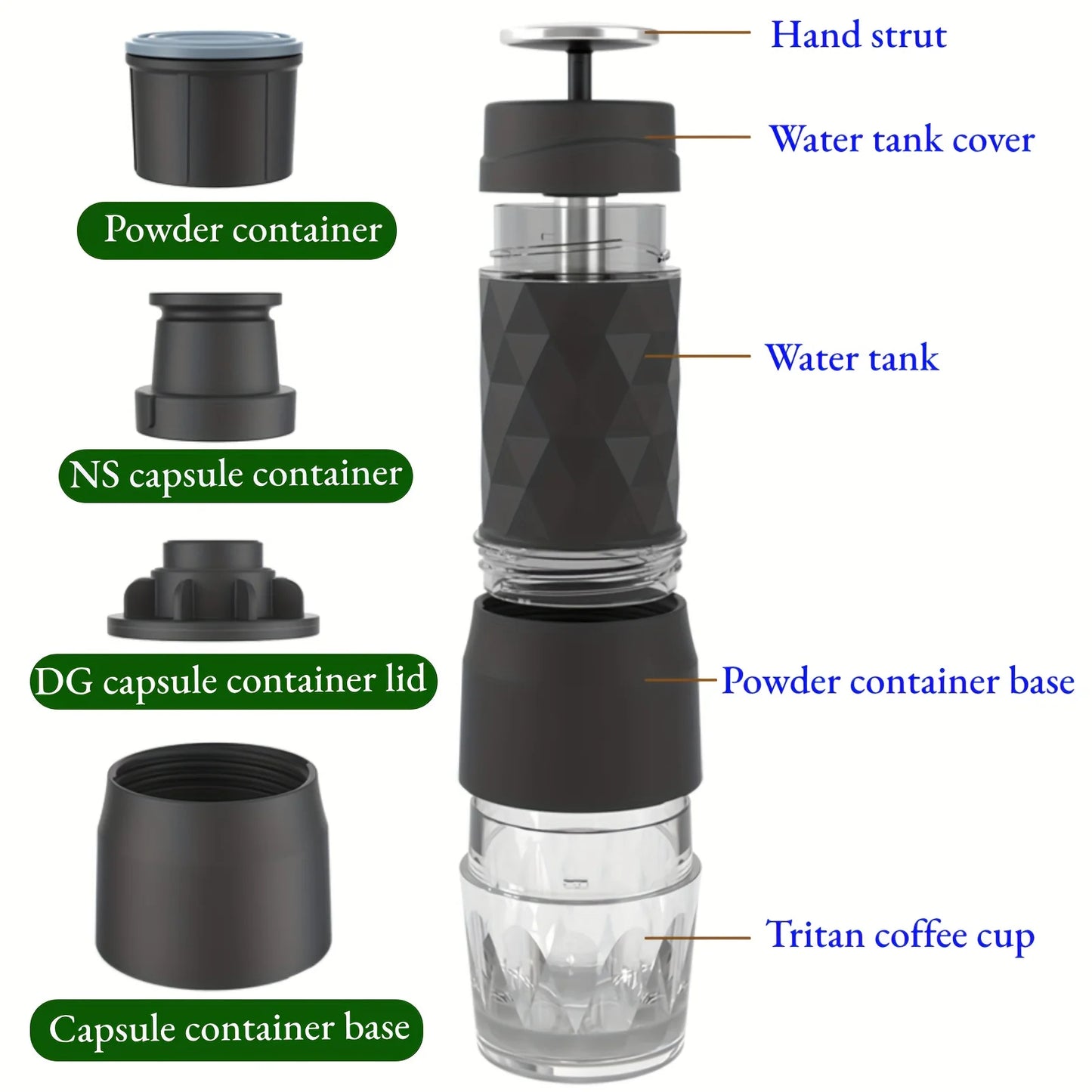 Cafetera expreso manual portátil 3 en 1: para café molido y en cápsulas