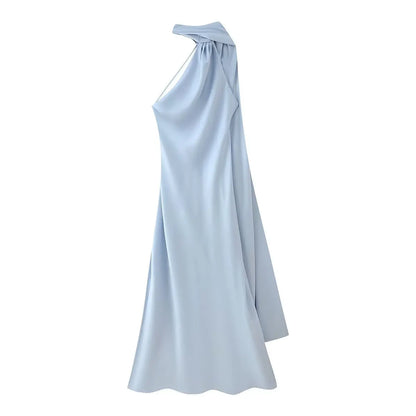 Elegant Silk Satin Maxi Dress – Backless Halter Summer Gown