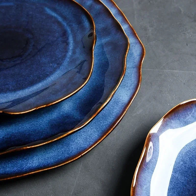 IndigoWave Artisan Pottery Plate – Rustic Ceramic Tableware