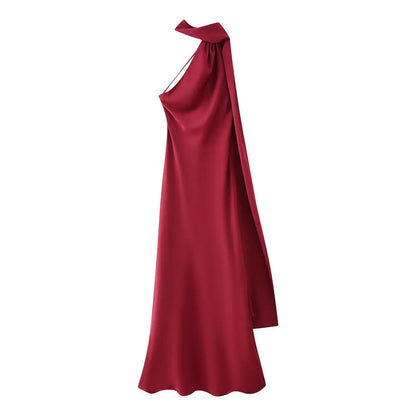 Elegant Silk Satin Maxi Dress – Backless Halter Summer Gown