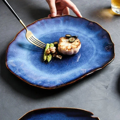 IndigoWave Artisan Pottery Plate – Rustic Ceramic Tableware