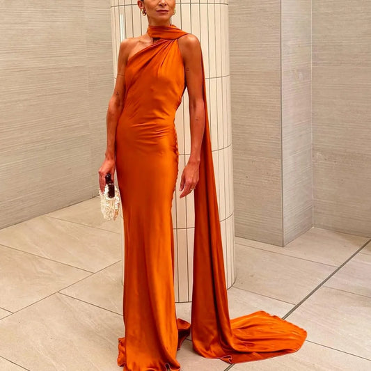 Elegant Silk Satin Maxi Dress – Backless Halter Summer Gown